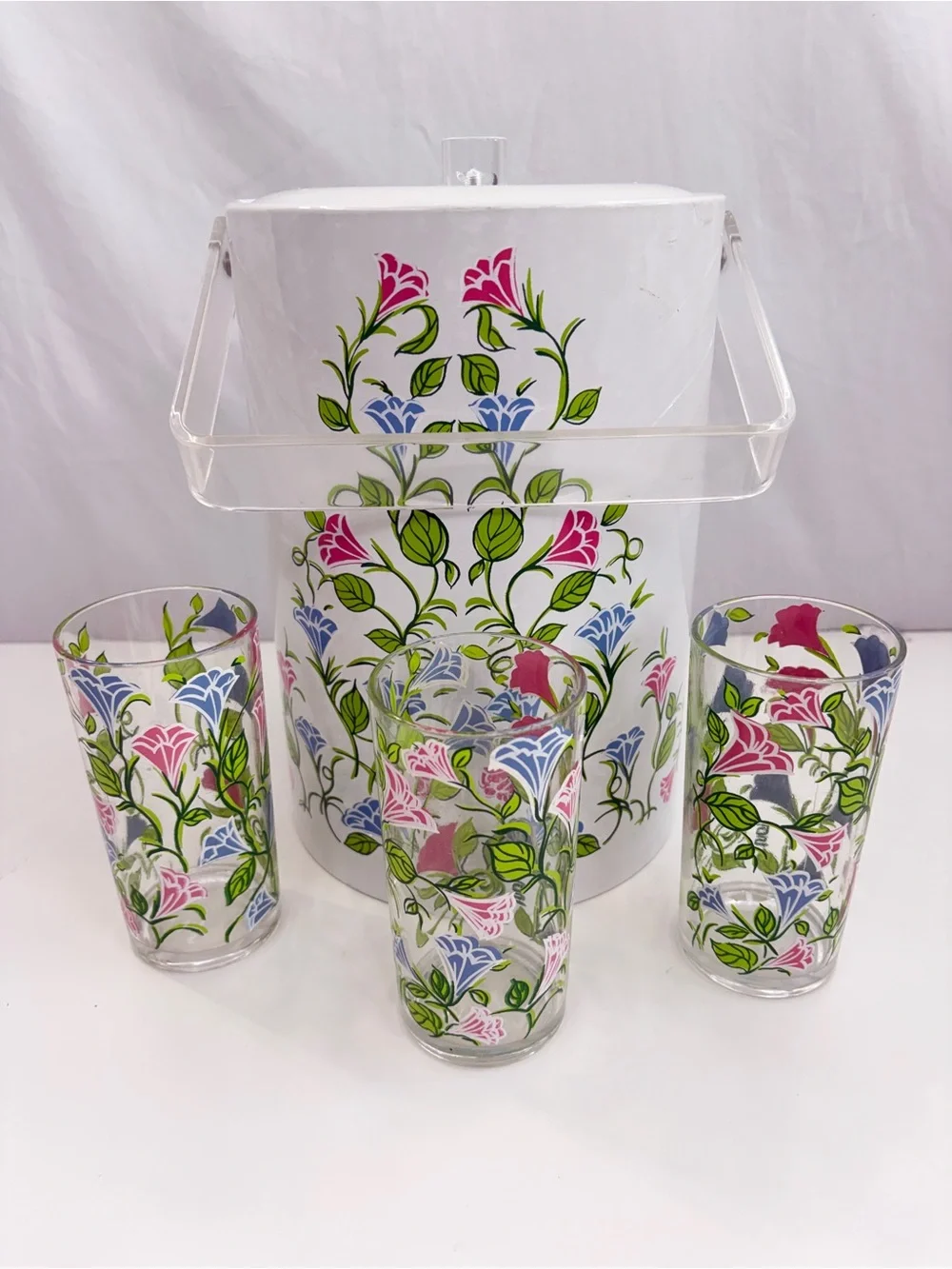 H. J. Stotter vintage acrylic 4 pc vtg floral beverage set ice bucket 3 tumblers